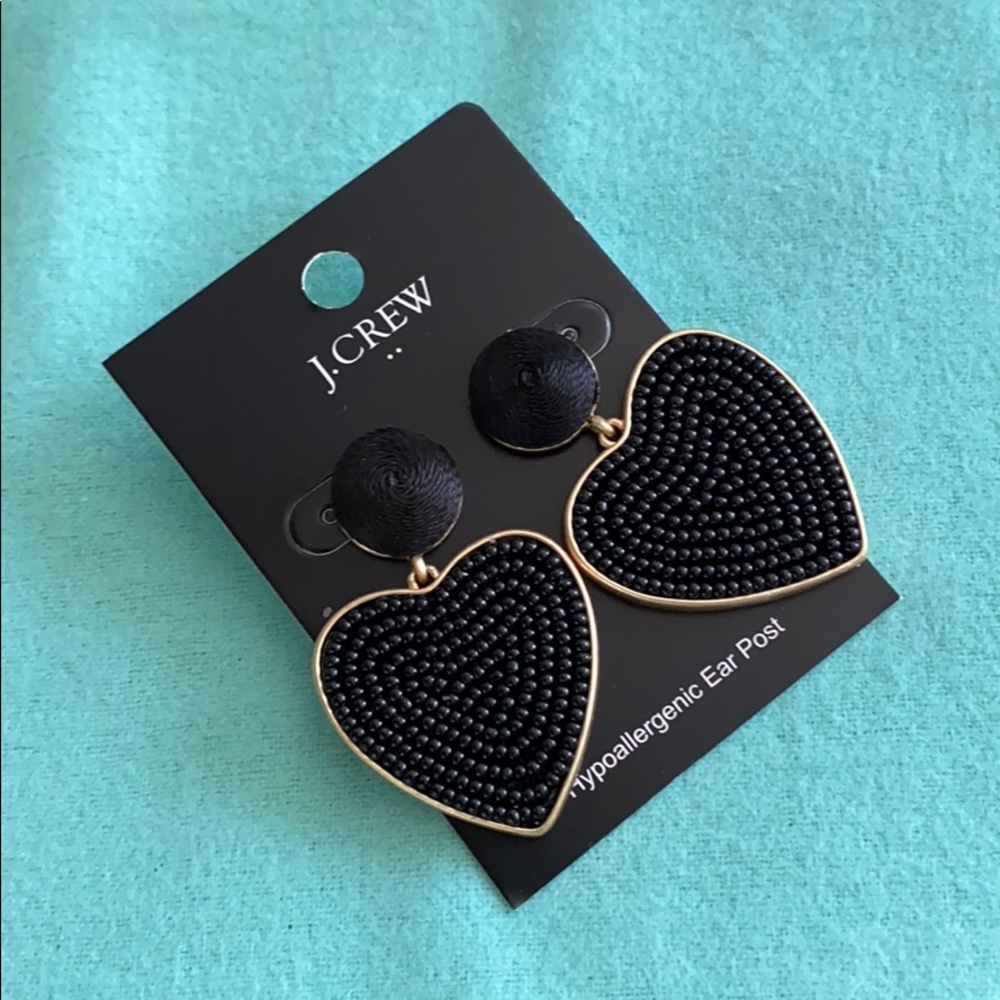 LAST PAIR:J. Crew Black beaded heart drop earrings - Picture 2 of 3